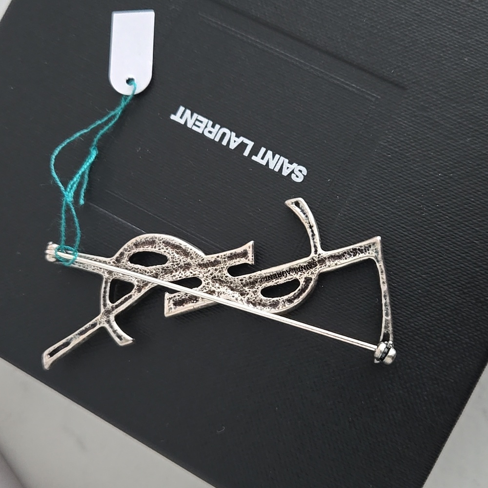 New With Box SAINT LAURENT Brooch Pin Silver & Black YSL Pin Logo & Pouch/box - Picture 4 of 11